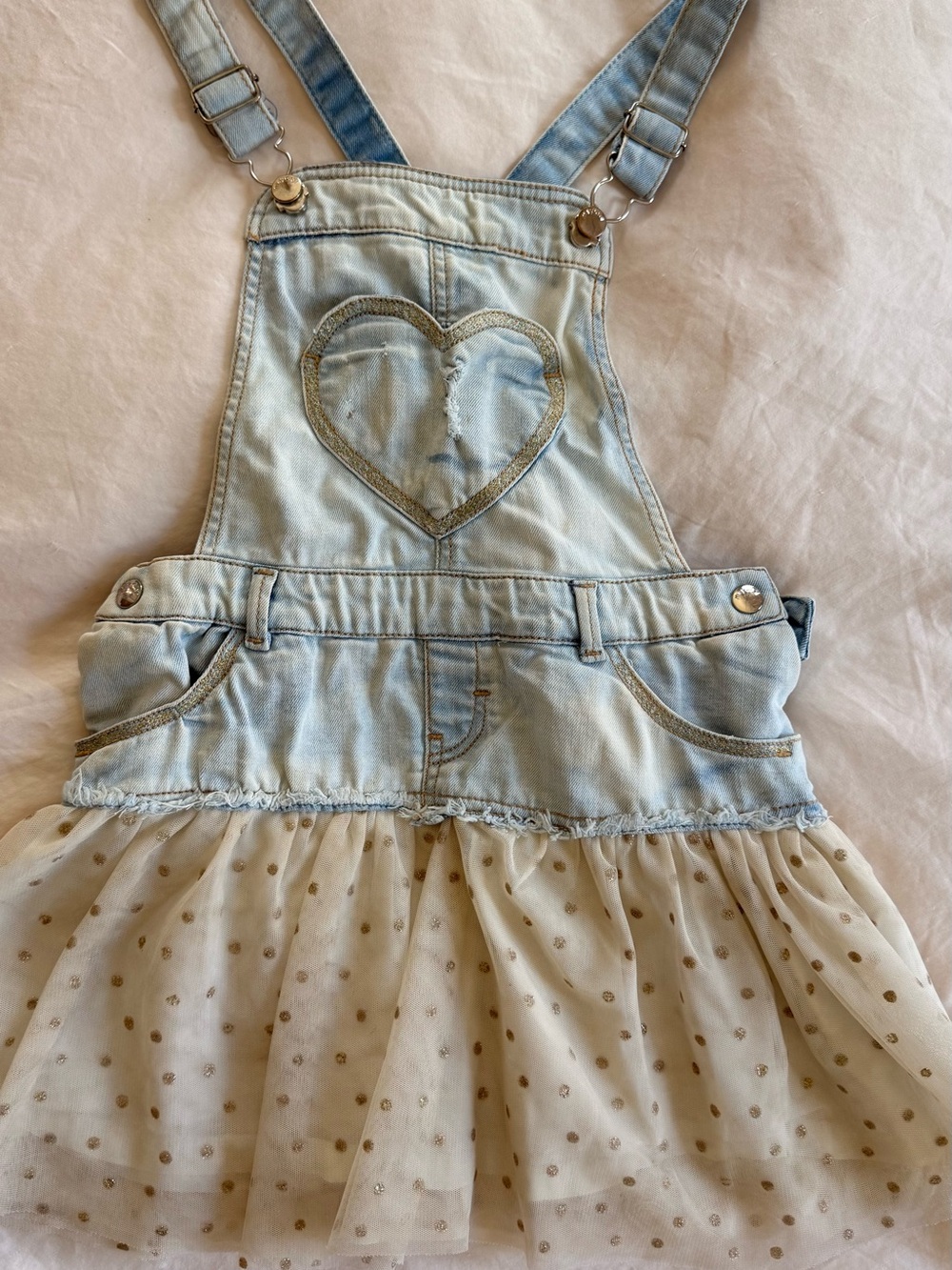 Mayoral Light Blue Denim Overall Dress with Cream Tulle and Gold Dots